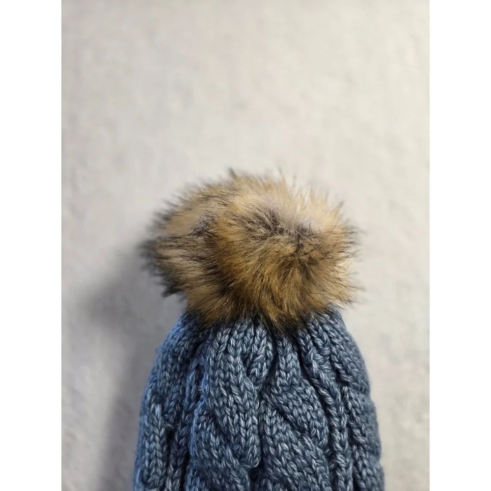 Anthropologie Blue Cable Knit Beanie Faux Fur Pom Fleece Lined Face Mask Button
